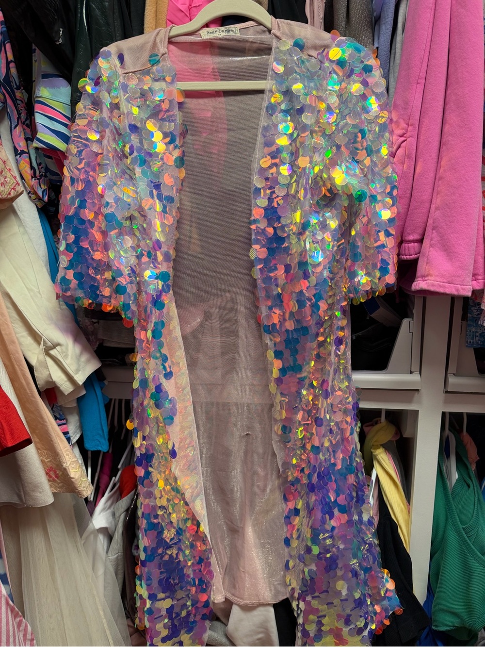 Bear Dance Iridescent Sequin Sheer Cape — Pink Holographic Hues
